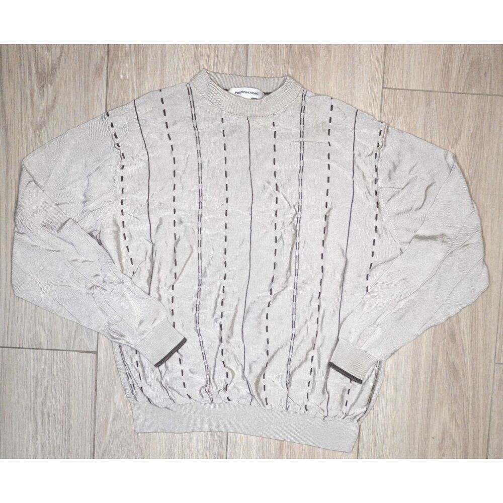 Pronto-Uomo Sweater Mens Large Beige Crewneck Vertical Stripe Rayon Cotton Knit